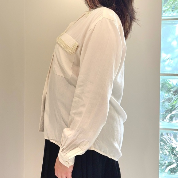 Vintage 1980s Forenza Cream, Rayon, Button-Up Blouse With Faux Pearl Detail - Picture 5 of 11